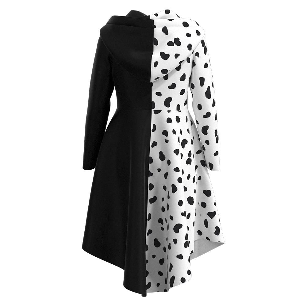 Disfraz de Cruella Deville Chaqueta y Vestido Blancos y Negros con Capucha Traje de Cosplay de Halloween