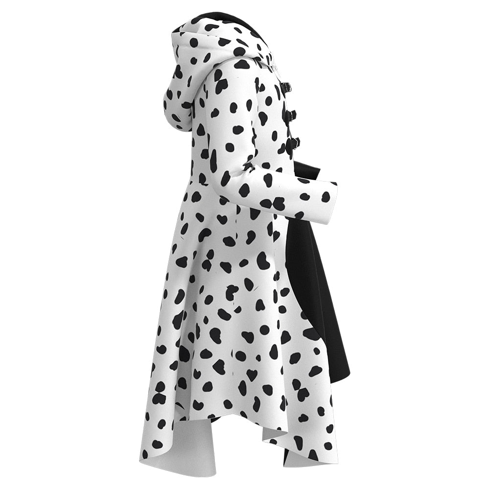 Disfraz de Cruella Deville Chaqueta y Vestido Blancos y Negros con Capucha Traje de Cosplay de Halloween