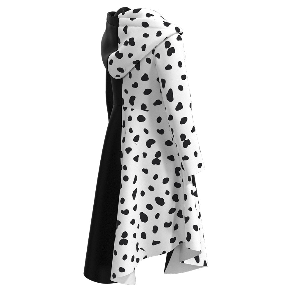 Disfraz de Cruella Deville Chaqueta y Vestido Blancos y Negros con Capucha Traje de Cosplay de Halloween