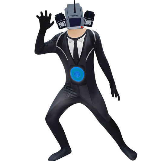 Skibidi Toilet Costume Cameraman Jumpsuit and Mask 2pcs Suit Kids Cosplay Outfit for Halloween